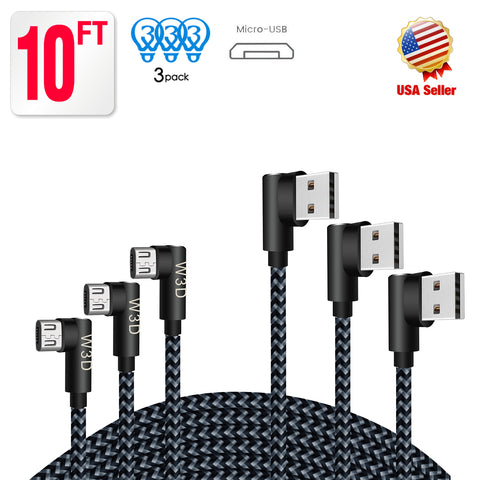 Image of 3 pack 10 ft extra long 90 degree right angle durable nylon braided MICRO USB CABLE charger & sync cord for Android Samsung LG ( Gray&Black,10ft )