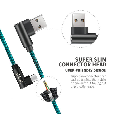 Image of 3 pack 10 ft extra long 90 degree right angle durable nylon braided TYPE C CABLE ( USB to USB C ) charger & sync cord ( Blue&Black,10ft )