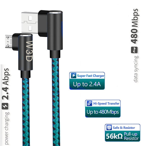 Image of 3 pack 10 ft extra long 90 degree right angle durable nylon braided MICRO USB CABLE charger & sync cord for Android Samsung LG ( Blue&Black,10ft )