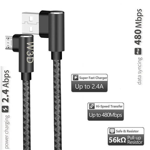Image of 3 pack 10 ft extra long 90 degree right angle durable nylon braided MICRO USB CABLE charger & sync cord for Android Samsung LG ( Gray&Black,10ft )