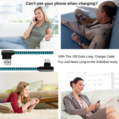 Image of 3 pack 10 ft extra long 90 degree right angle durable nylon braided MICRO USB CABLE charger & sync cord for Android Samsung LG ( Blue&Black,10ft )