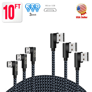 3 pack 10 ft extra long 90 degree right angle durable nylon braided MICRO USB CABLE charger & sync cord for Android Samsung LG ( Gray&Black,10ft )