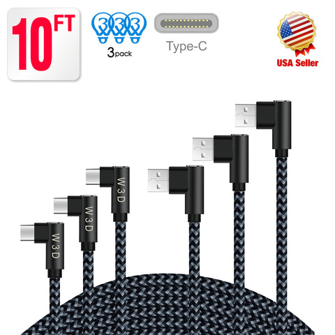 Image of 3 pack 10 ft extra long 90 degree right angle durable nylon braided TYPE C CABLE ( USB to USB C ) charger & sync cord ( Gray&Black,10ft )