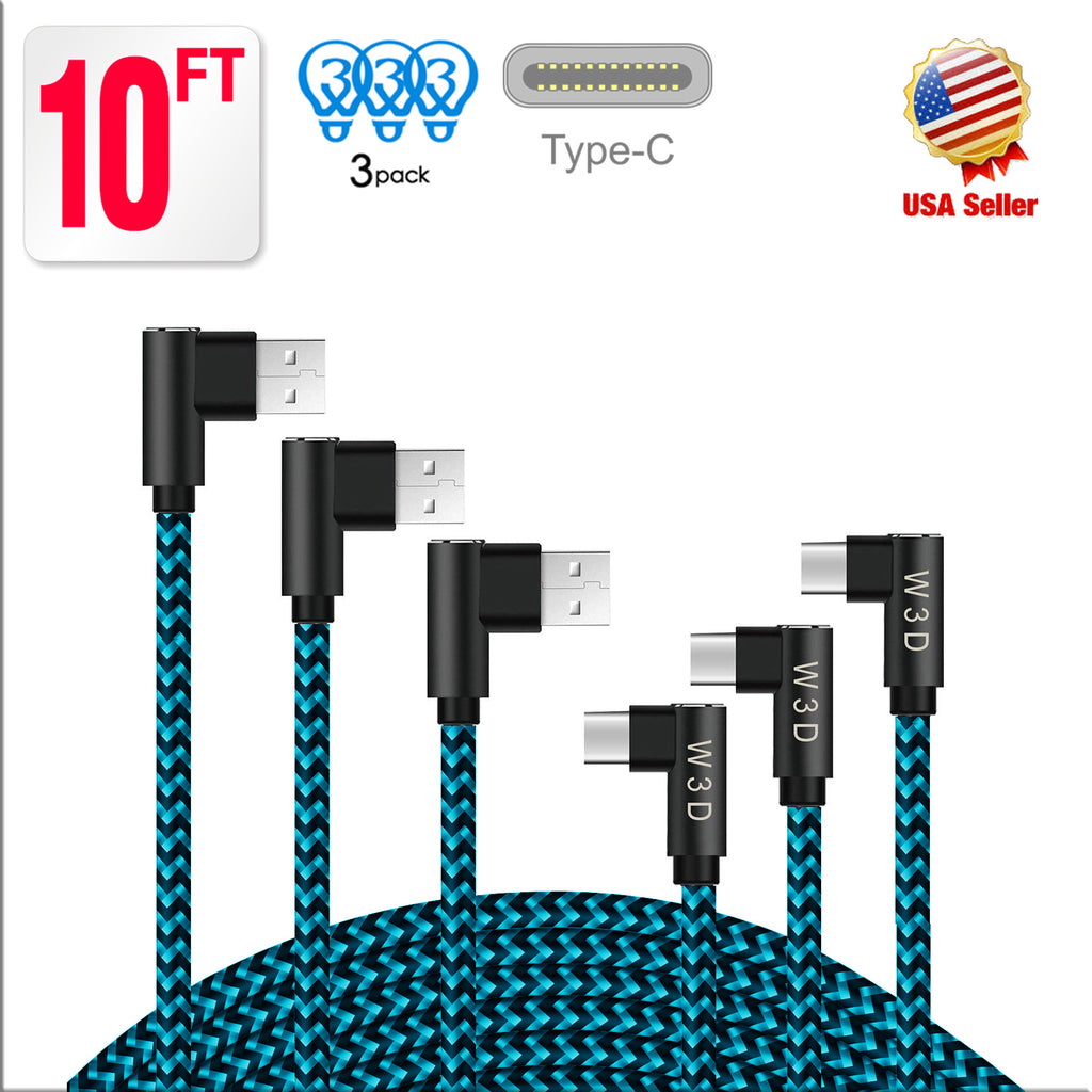 3 pack 10 ft extra long 90 degree right angle durable nylon braided TYPE C CABLE ( USB to USB C ) charger & sync cord ( Blue&Black,10ft )