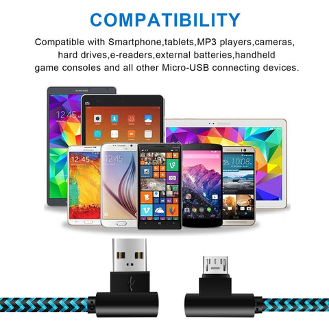 Image of 3 pack 10 ft extra long 90 degree right angle durable nylon braided MICRO USB CABLE charger & sync cord for Android Samsung LG ( Blue&Black,10ft )
