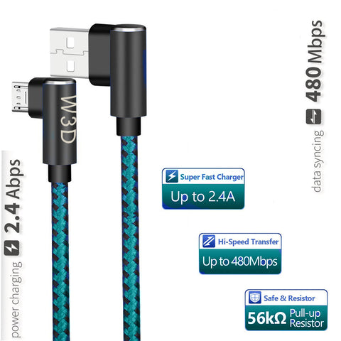 3 pack 10 ft extra long 90 degree right angle durable nylon braided MICRO USB CABLE charger & sync cord for Android Samsung LG ( Blue&Black,10ft )