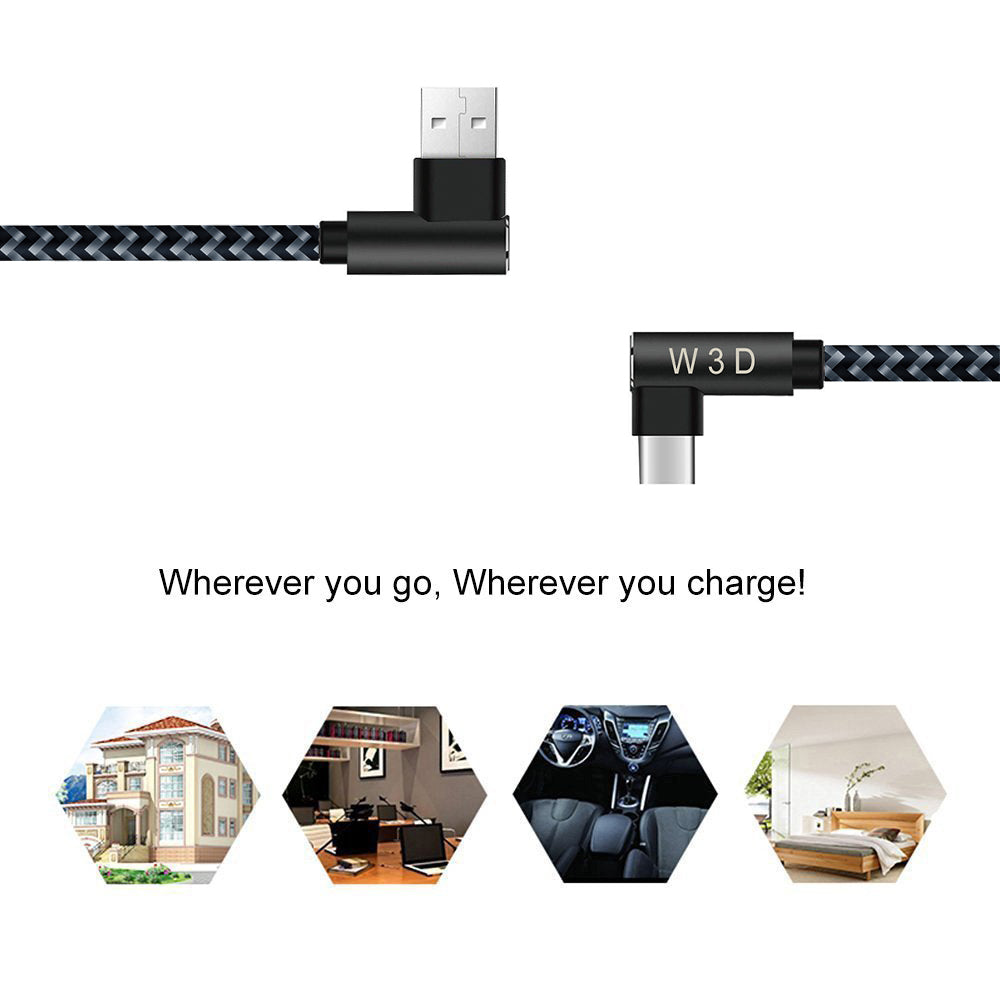 3 pack 10 ft extra long 90 degree right angle durable nylon braided TYPE C CABLE ( USB to USB C ) charger & sync cord ( Gray&Black,10ft )